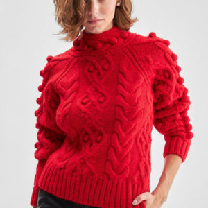 Back Detailed Cable Knit Pompom Red Knitwear Sweater