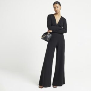 Black plunge wide leg jumpsuit