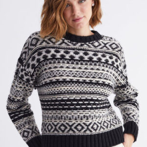 Crew Neck Line Pattern Black Knitwear Sweater