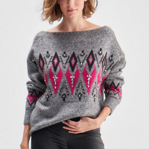 Diamond Patterned Stone Gray Knitwear Sweater