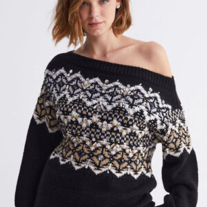 Low Shoulder Stone Embroidered Patterned Knitwear Sweater