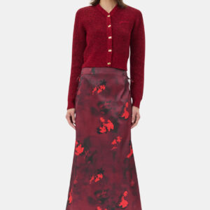 Red Printed Satin Maxi Skirt