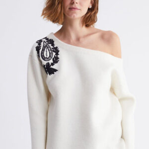 Sequin Detailed Embroidered Ecru Knitwear Sweater