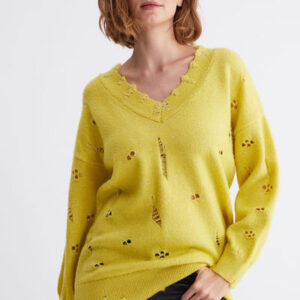 V Neck Ripped Detail Yellow Knitwear Sweater